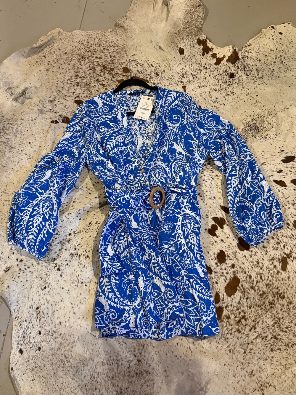 Zara Belted Blue and White Floral Eyelet Mini Dress NWT